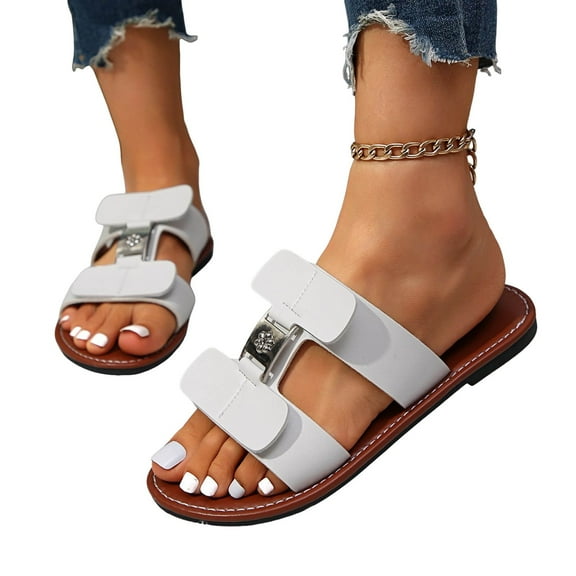 Slides Sandals for Women 2025 Fashion Casual Leather Open Toe Dress Flats Beach Summer Dressy Slip on Shoes