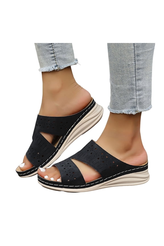 Slides Sandals for Women Open Toe Fashion Hollow out Low Wedge Cushioned Plaform Orthopedic Walking Shoes Black Size 6.5