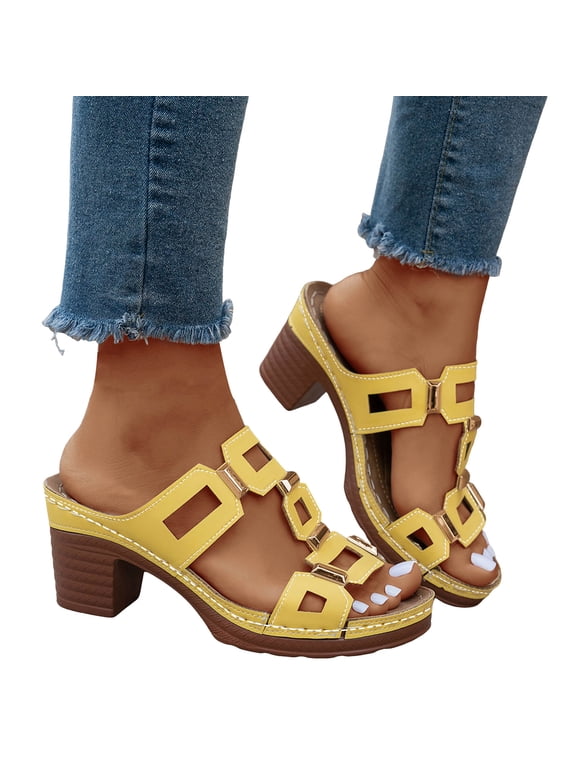 Slides Sandals for Women Trendy Cutout Open Toe Heels Comfortable Orthopedic Shoes Casual Platform Slip on Summer Dress Shoes Yellow Size 9.5