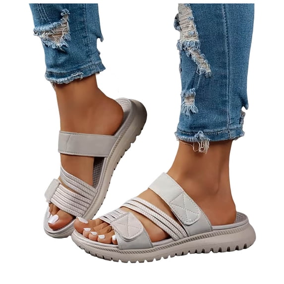 Slides for Women Adjustable Strappy Sandals Comfortable Thick Soft Sole Slip on Beach Shoes Open Toe Summer Casual Slippers Gray Size 8