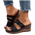 thumbnail image 1 of Slides for Women Bohemia Flower Wedge Sandals Arch Support Summer Beach Vacation Slip on Platform Slippers Black Size 6.5, 1 of 7