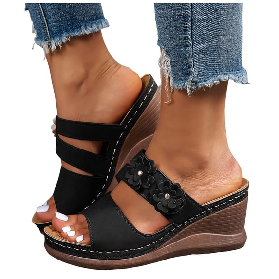 Slides for Women Bohemia Flower Wedge Sandals Arch Support Summer Beach Vacation Slip on Platform Slippers Black Size 6.5