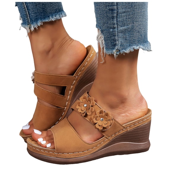 Slides for Women Bohemia Flower Wedge Sandals Arch Support Summer Beach Vacation Slip on Platform Slippers Brown Size 8.5