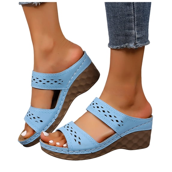 Slides for Women Bohemian Hollow out Orthopedic Walking Sandals Summer Casual Slip on Platform Wedges Sky Blue Size 7.5