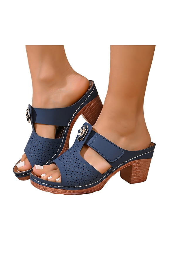 Slides for Women Chunky Heeled Mule Sandals Bohemia Flower Slip on Dress Shoes Nonslip Casual Summer Slippers Navy Size 9