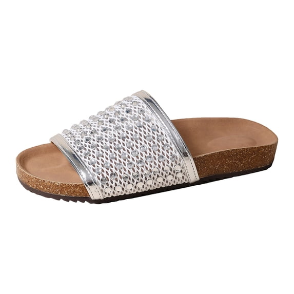Slides for Women Cork Footbed Sandals Open Toe Rhinestone Mesh Band Comfortable Arch Support Slip on Summer Casual Slippers Silver Size 5.5