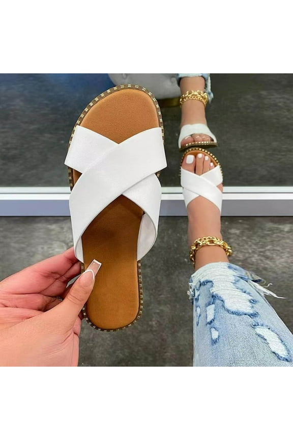 Slides for Women Cross Band Studded Faux Leather Slides Open Toe Flat Slides Summer Beach Vacation Travel Daily Casual Office Footwear