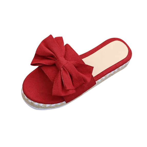 Slides for Women Cute Bow Tie Knot On Top Strap, Comfy Slip On Open Toe Flat Sandals Casual Summer Beach Walking Slippers Red Women Sandal