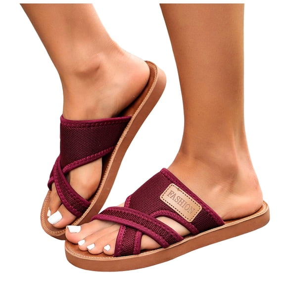 Slides for Women Fashion Mesh Strap Open Toe Flat Sandals Lightweight Slip on Beach Casual Footwear Outdoor Slippers Red Size 9.5
