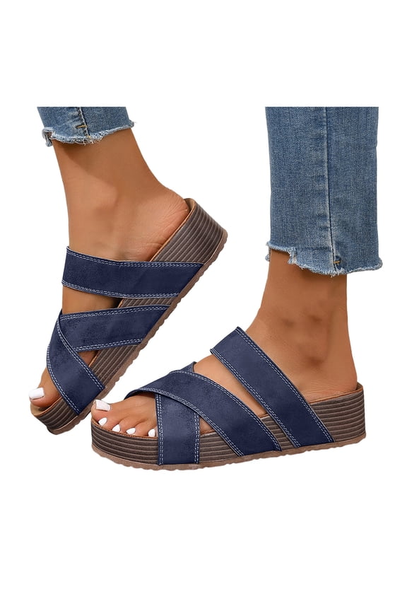 Slides for Women Platform Cork Footbed Sandals Arch Support 2026 Summer Beach Vacation Slip on Outdoor Slippers Blue Size 9.5