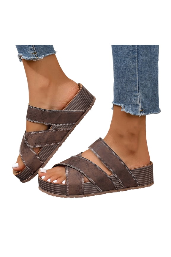 Slides for Women Platform Cork Footbed Sandals Arch Support 2026 Summer Beach Vacation Slip on Outdoor Slippers Brown Size 8.5