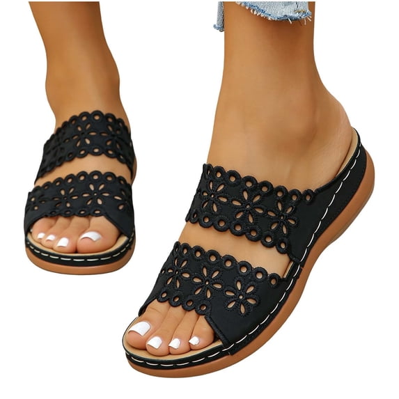 Slides for Women Summer Women's Slide Sandals Slippers Plus Size Carving Wedge Heel, Black-36