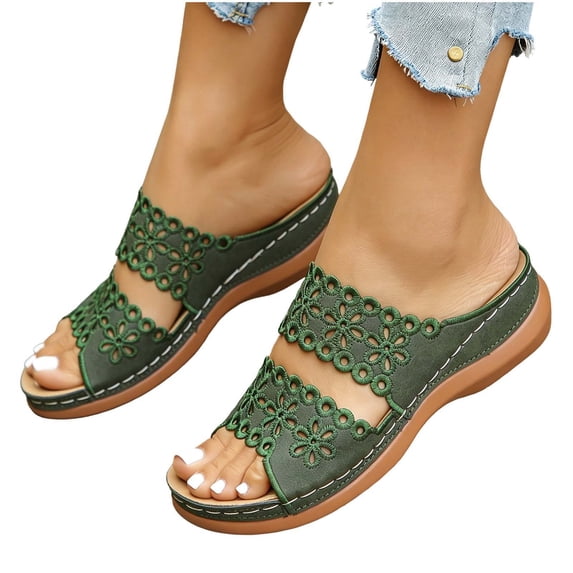 Slides for Women Summer Women's Slide Sandals Slippers Plus Size Carving Wedge Heel, Green-37