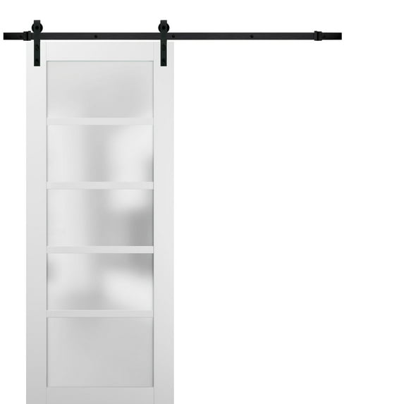 Sliding Barn Door 18 x 96 with Hardware | Quadro 4002 White Silk with Frosted Opaque Glass | Top Mount 6.6FT Rail Hangers Sturdy Set | Lite Wooden Solid Panel Interior Doors