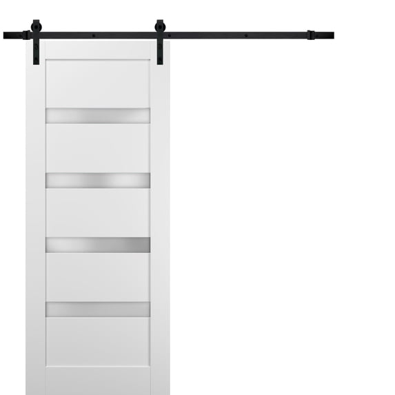 Sliding Barn Door 28 x 80 with Hardware | Quadro 4113 White Silk with Frosted Opaque Glass | Top Mount 6.6FT Rail Hangers Sturdy Set | Lite Wooden Solid Panel Interior Doors
