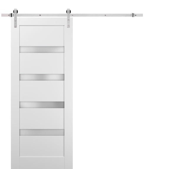 Sliding Barn Door 28 x 84 with Stainless Steel 6.6ft Hardware | Quadro 4113 White Silk with Frosted Opaque Glass | Top Mount Rail Hangers Sturdy Silver Set | Lite Wooden Solid Panel Interior Doors