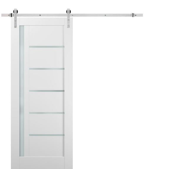 Sliding Barn Door 28 x 96 with Stainless Steel 6.6ft Hardware | Quadro 4088 White Silk with Frosted Opaque Glass | Top Mount Rail Hangers Sturdy Silver Set | Lite Wooden Solid Panel Interior Doors
