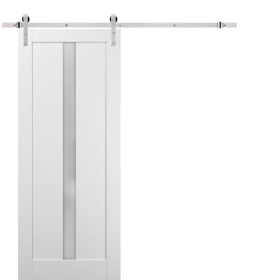 Sliding Barn Door 28 x 96 with Stainless Steel 6.6ft Hardware | Quadro 4112 White Silk with Frosted Opaque Glass | Top Mount Rail Hangers Sturdy Silver Set | Lite Wooden Solid Panel Interior Doors