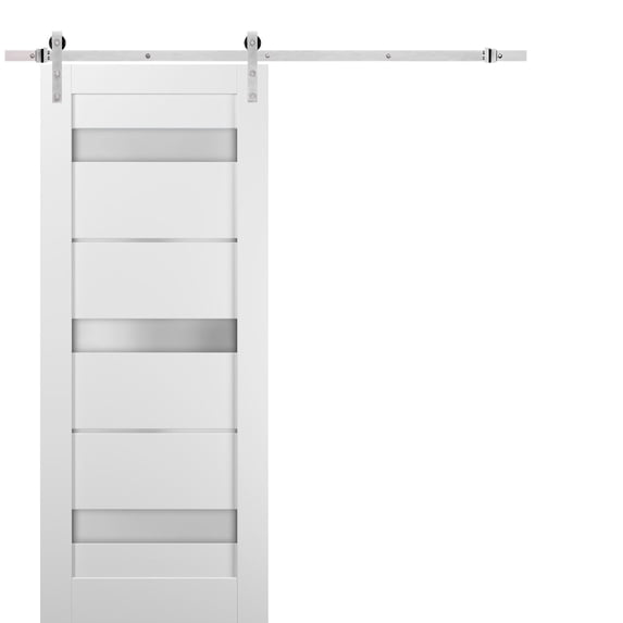Sliding Barn Door 30 x 80 with Stainless Steel 6.6ft Hardware | Quadro 4055 White Silk with Frosted Opaque Glass | Top Mount Rail Hangers Sturdy Silver Set | Lite Wooden Solid Panel Interior Doors