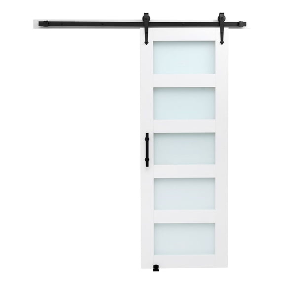 Sliding Barn Door 30x84 Inch, MDF & Glass Panel, Barn Door Kit, Waterproof PVC, Easy Install, H-Frame, Living Room