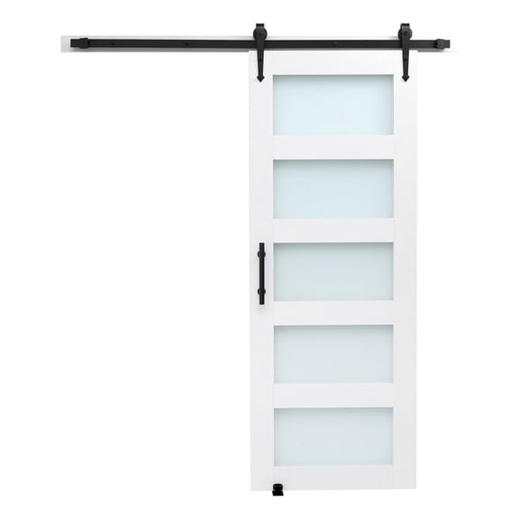 Sliding Barn Door 32x84 Inch with Hardware Kit, MDF & Glass Panel, Waterproof PVC, Living Room Bedroom Closet Door, Smooth Quiet Sliding, Easy Install