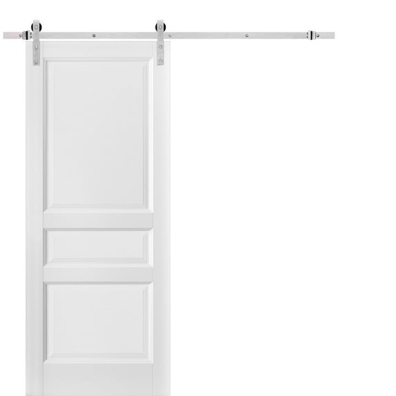 Sliding Barn Door 36 x 80 with Stainless Steel 6.6ft Hardware | Lucia 31 Matte White | Top Mount Rail Hangers Sturdy Silver Set | 3 Paneled Shaker Wooden Solid Panel Interior Doors
