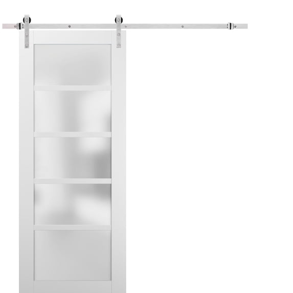 Sliding Barn Door 36 x 80 with Stainless Steel 6.6ft Hardware | Quadro 4002 White Silk with Frosted Opaque Glass | Top Mount Rail Hangers Sturdy Silver Set | Lite Wooden Solid Panel Interior Doors