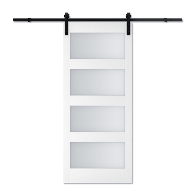 White 36" x 84" 4-Lite Frosted Glass Sliding Barn Door Kit
