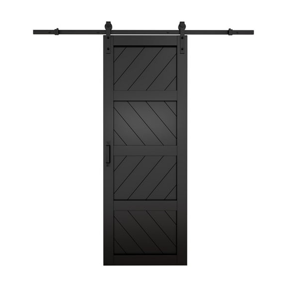 Sliding Barn Door, 4 Waves Style, Solid Core MDF Wood & PVC Covered Finished, with Hardware Kit & Handle & Floor Guide, Black