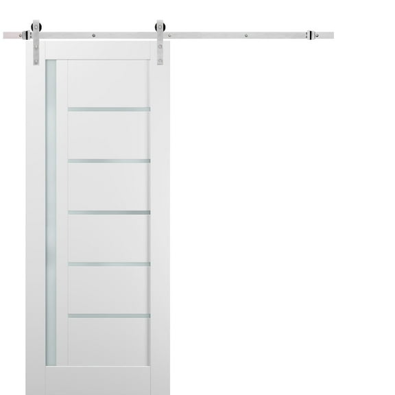 Sliding Barn Door 42 x 96 with Stainless Steel 8ft Hardware | Quadro 4088 White Silk with Frosted Opaque Glass | Top Mount Rail Hangers Sturdy Silver Set | Lite Wooden Solid Panel Interior Doors