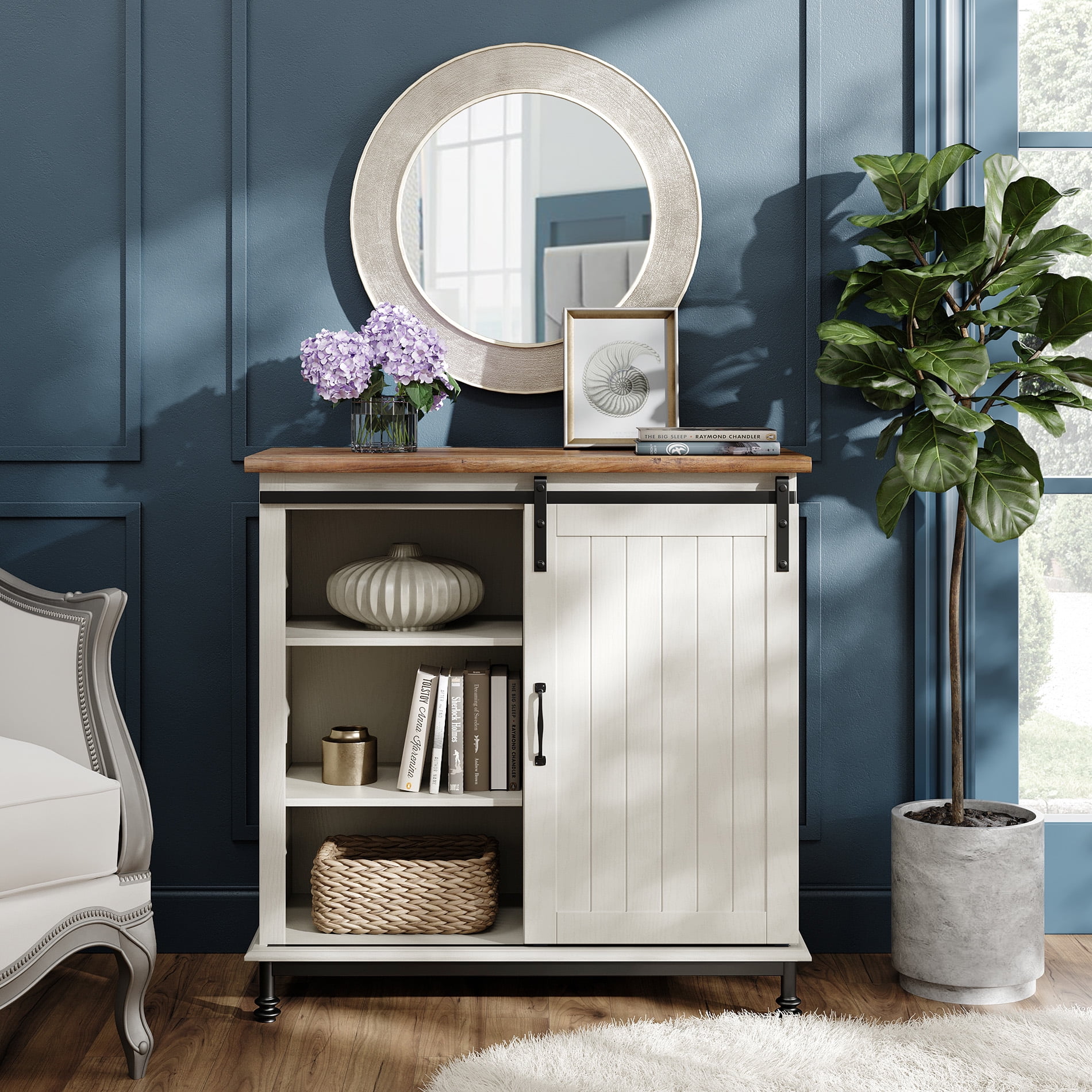 Sliding Barn Door Buffet Cabinet, White Accent Cabinet Console Table for Bathroom and kitchen