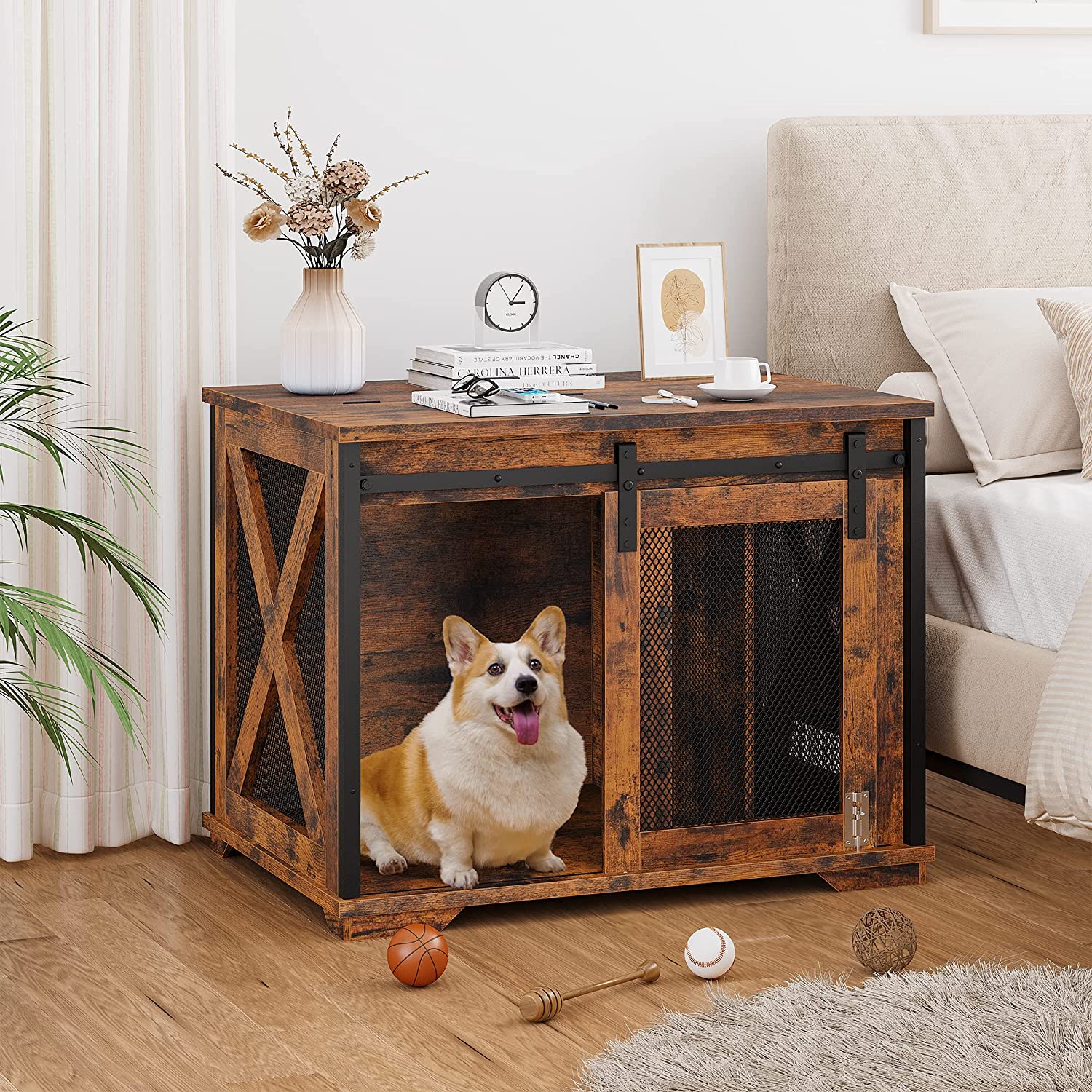 Sliding Barn Door Dog Crate Furniture with Flip Top and Movable Divider