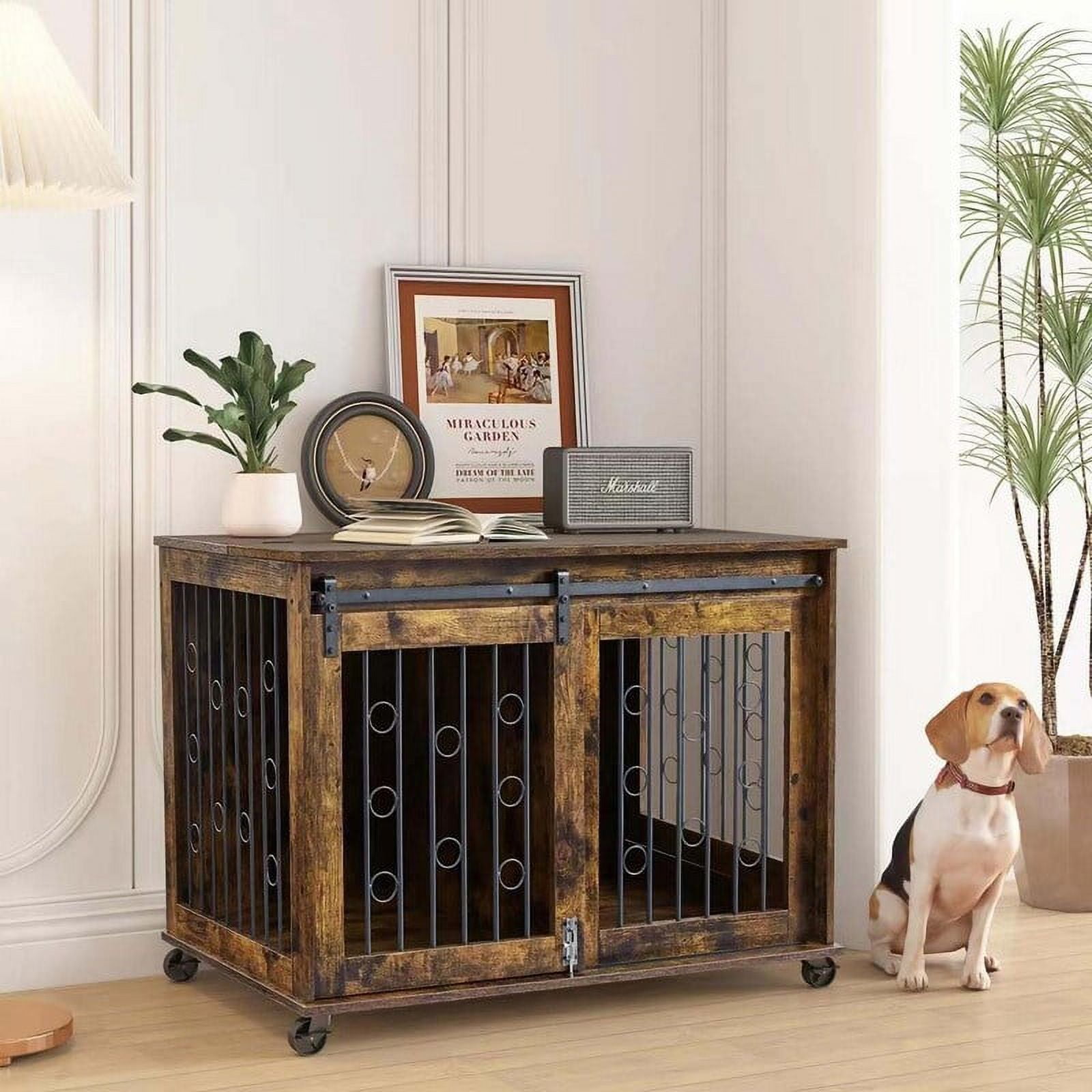 Sliding Barn Door Dog Crate Furniture with Fliptop Plate Brown