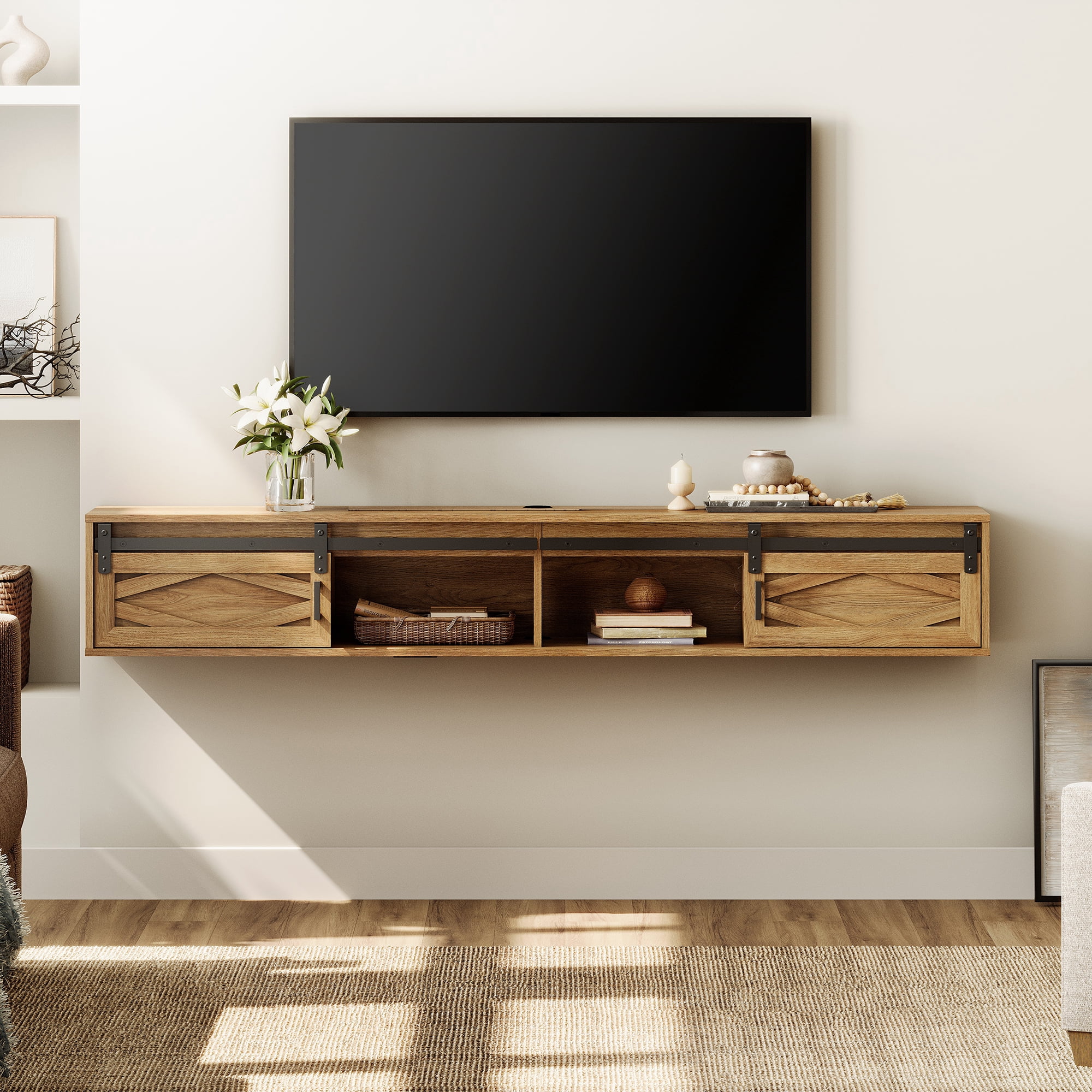 Sliding Barn Door Floating TV Stand with Charging Station，Beige