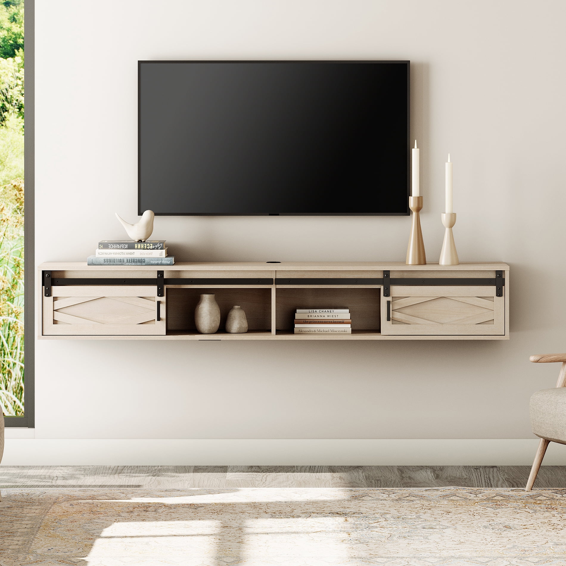 Sliding Barn Door Floating TV Stand with Charging Station，Oak