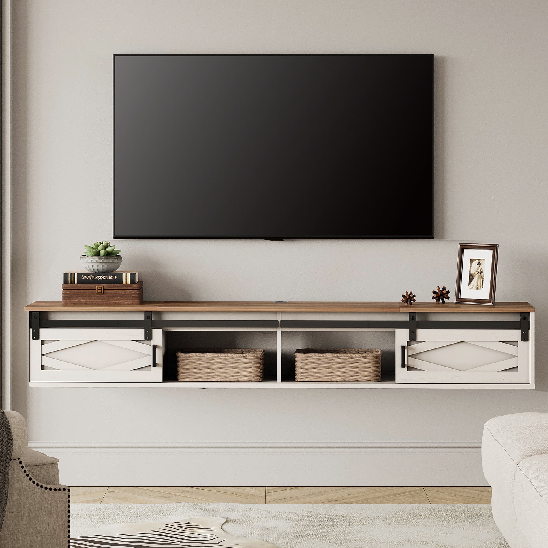 Sliding Barn Door Floating TV Stand with Charging Station，White