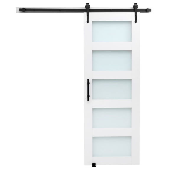 Sliding Barn Door with Hardware Kit, 30 x 84 Inch MDF Panel with Frosted Glass, Waterproof Scratch-Resistant PVC Coating, Upgraded Crossbar for Sturdy Sliding, Ideal for Bathroom Bedroom Kitchen