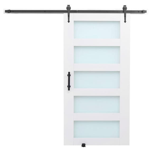 Sliding Barn Door with Hardware Kit 42 x 84 Inch MDF Panel with Frosted Glass, Waterproof Scratch-Resistant PVC Coating, Upgraded Crossbar, Smooth Quiet Sliding, Ideal for Bathroom Kitchen Bedroom