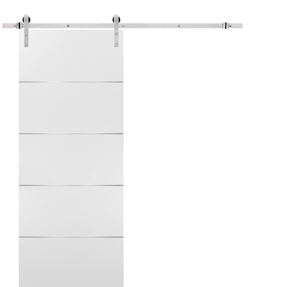 Sliding Barn Door with Stainless Steel 6.6ft Hardware | Planum 0020 White Silk | Rail Hangers Sturdy Silver Set | Modern Solid Panel Interior Doors-42" x 96"-Silver Rail