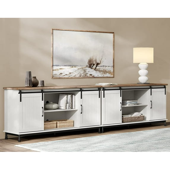 Sliding Barn Door TV Stand for 110 Inch TV, White Entertainment Center for 90-110 inch TV Console Table for Living Room Bedroom