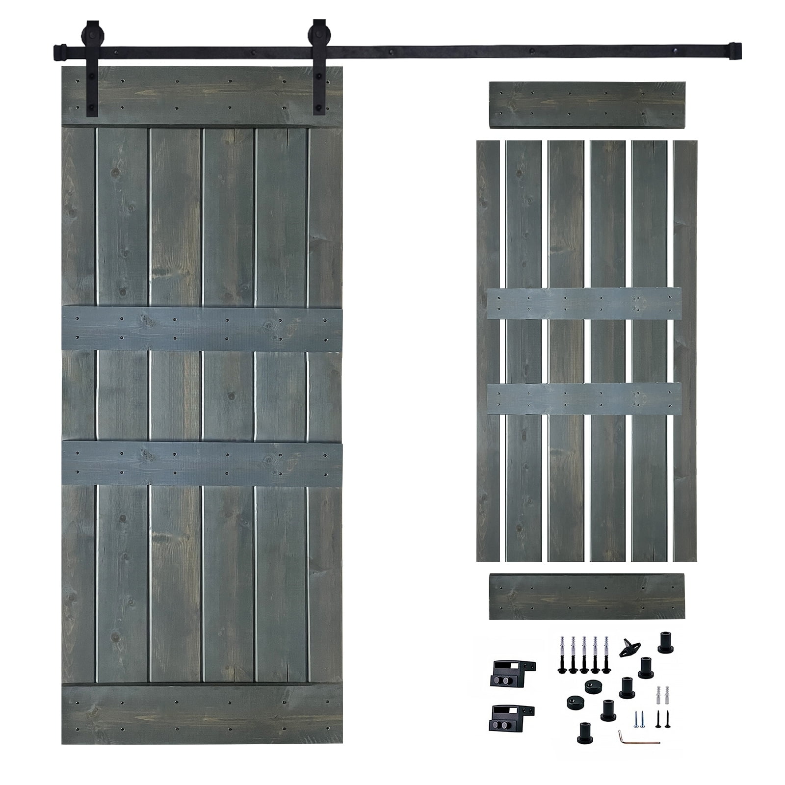 Rustic Brown Solid Pine Wood Sliding Barn Door with Hardware Kit