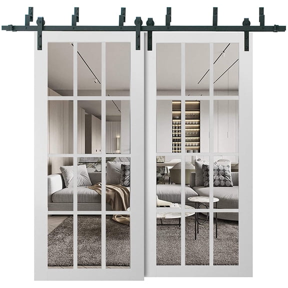 Sliding Closet 12 Lites Clear Glass Barn Bypass Doors | Felicia 3355 White Silk | Sturdy 6.6ft Rails Hardware Set | Wood Solid Bedroom Wardrobe Doors