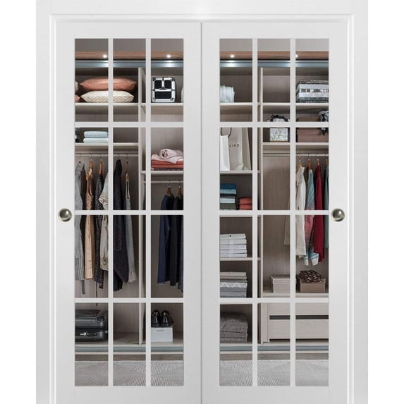 Sliding Closet 12 lites Bypass Doors | Felicia 3355 | Sturdy Rails Moldings Trims Hardware Set | Wood Solid Bedroom Wardrobe Doors -48" x 96" (2* 24x96)