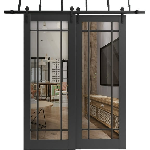 Sliding Closet Barn Bypass Doors 36 x 80 inches | Lucia 2266 Matte Black Clear Glass | Sturdy 6.6ft Rails Hardware Set | Wood Solid Bedroom Wardrobe Doors