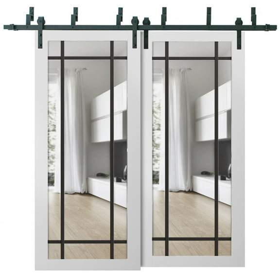 Sliding Closet Barn Bypass Doors 36 x 80 inches | Lucia 2266 White Silk Clear Glass | Sturdy 6.6ft Rails Hardware Set | Wood Solid Bedroom Wardrobe Doors