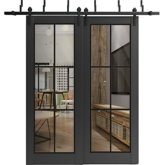Sliding Closet Barn Bypass Doors 36 x 80 inches | Lucia 2366 Matte Black Clear Glass | Sturdy 6.6ft Rails Hardware Set | Wood Solid Bedroom Wardrobe Doors