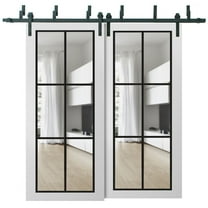 Sliding Closet Barn Bypass Doors 36 x 80 inches | Lucia 2366 White Silk Clear Glass | Sturdy 6.6ft Rails Hardware Set | Wood Solid Bedroom Wardrobe Doors