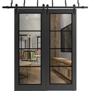Sliding Closet Barn Bypass Doors 36 x 80 inches | Lucia 2466 Matte Black Clear Glass | Sturdy 6.6ft Rails Hardware Set | Wood Solid Bedroom Wardrobe Doors