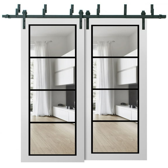 Sliding Closet Barn Bypass Doors 36 x 80 inches | Lucia 2466 White Silk Clear Glass | Sturdy 6.6ft Rails Hardware Set | Wood Solid Bedroom Wardrobe Doors