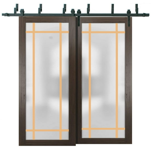 Sliding Closet Barn Bypass Doors 36 x 80 inches | Planum 2113 Chocolate Ash Frosted Glass | Sturdy 6.6ft Rails Hardware Set | Wood Solid Bedroom Wardrobe Doors